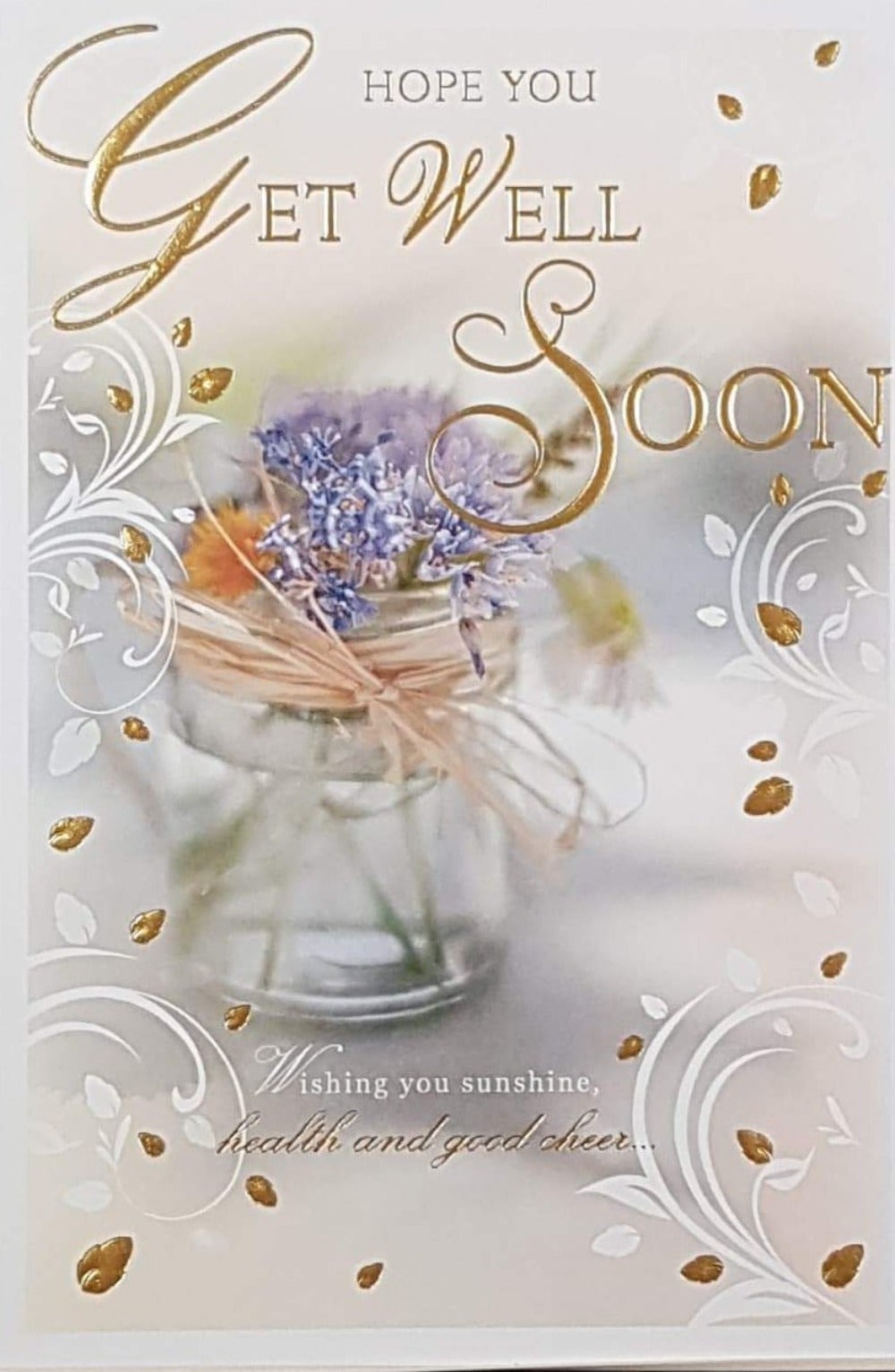 Get Well Card - A Jar With The Purple Flowers & Gold 'Get Well Font'