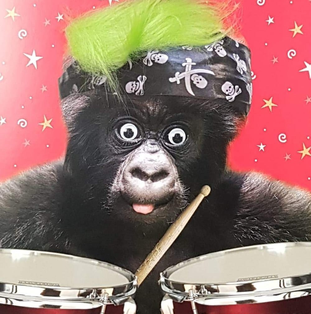 Birthday Card - Humour / A Monkey Drummer With Fluffy Hair