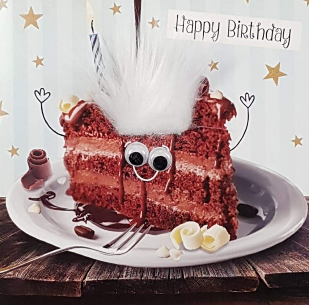 Birthday Card - Humour / A Smiling Piece Of Chocolate Cake With White Fluffy Hair