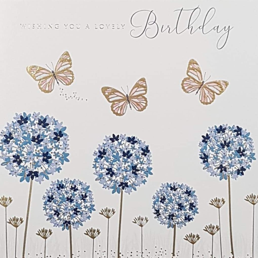 Birthday Card - General / Three Gold Butterflies Above The Blue Dandelions