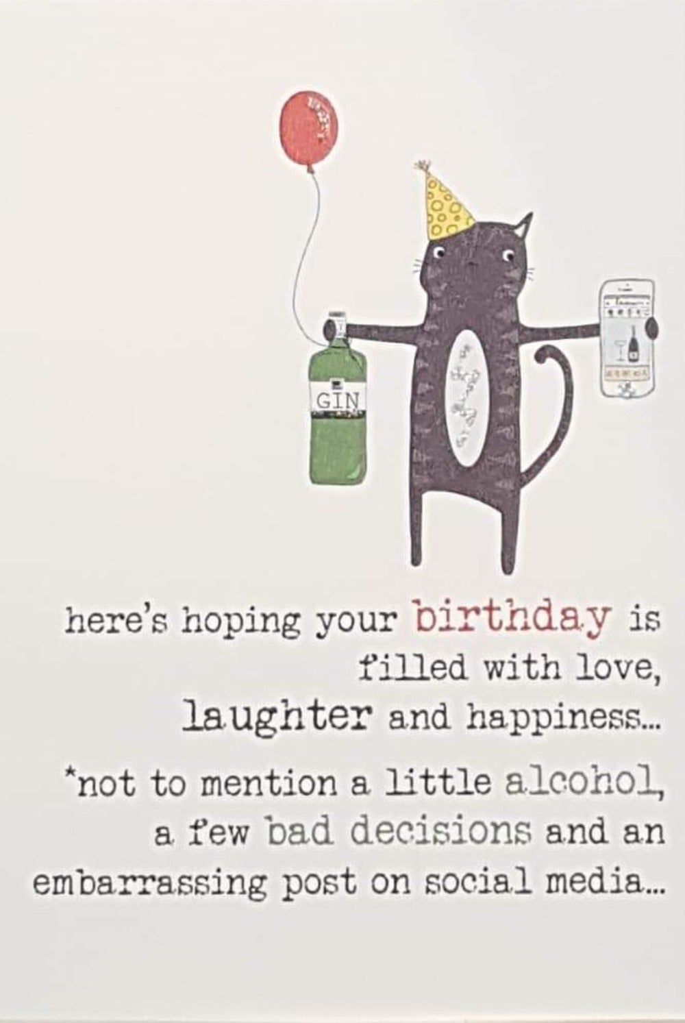 Birthday Card - General / A Cat In Yellow A Party Hat  Holding A Red Balloon And A Bottle Of Gin