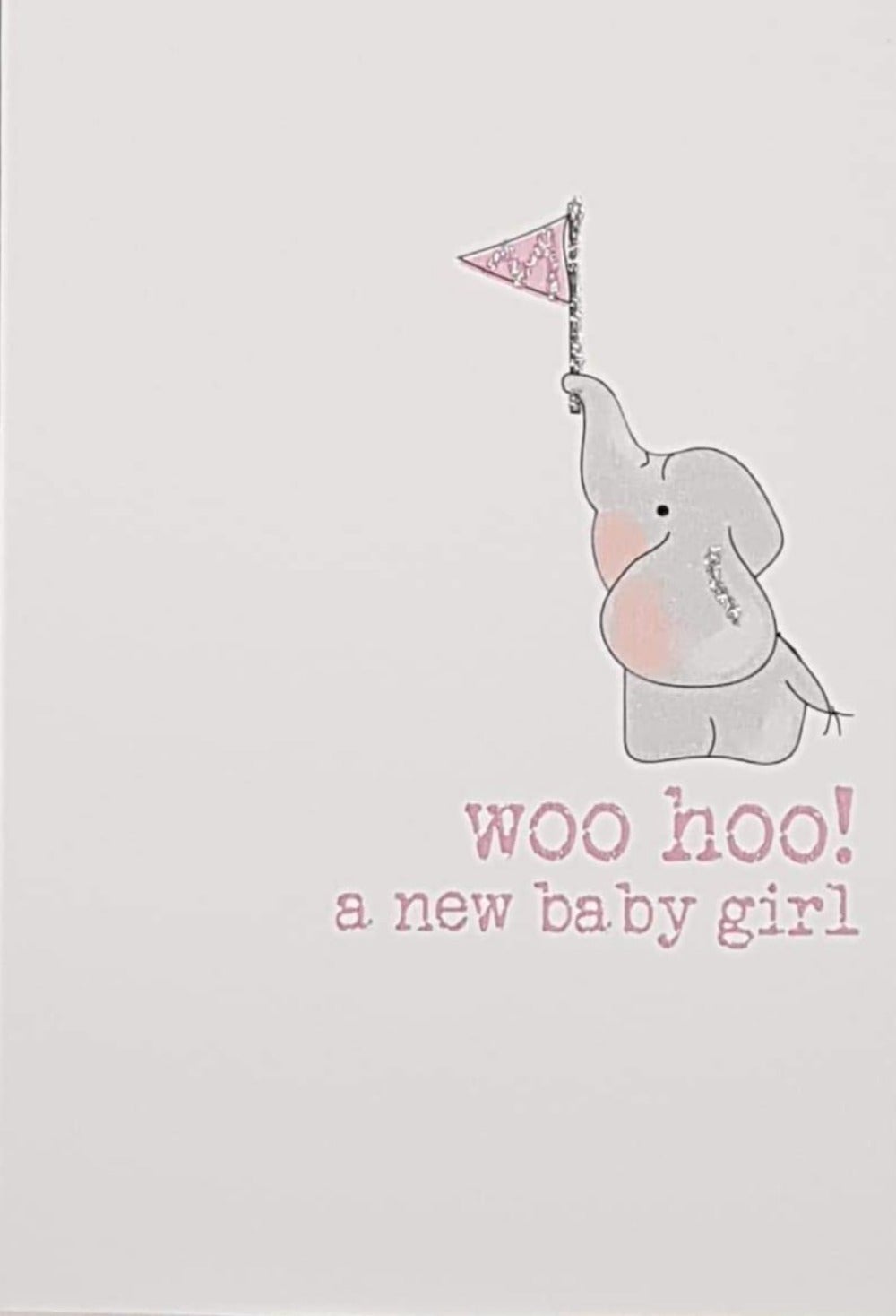 New Baby Card - Girl / Elephant Waving The Pink Flag