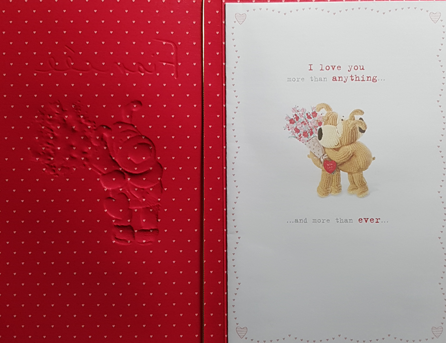 Birthday Card - Fiancee / A Cute Dog Holding Pink Flowers & A Gold Ribbon