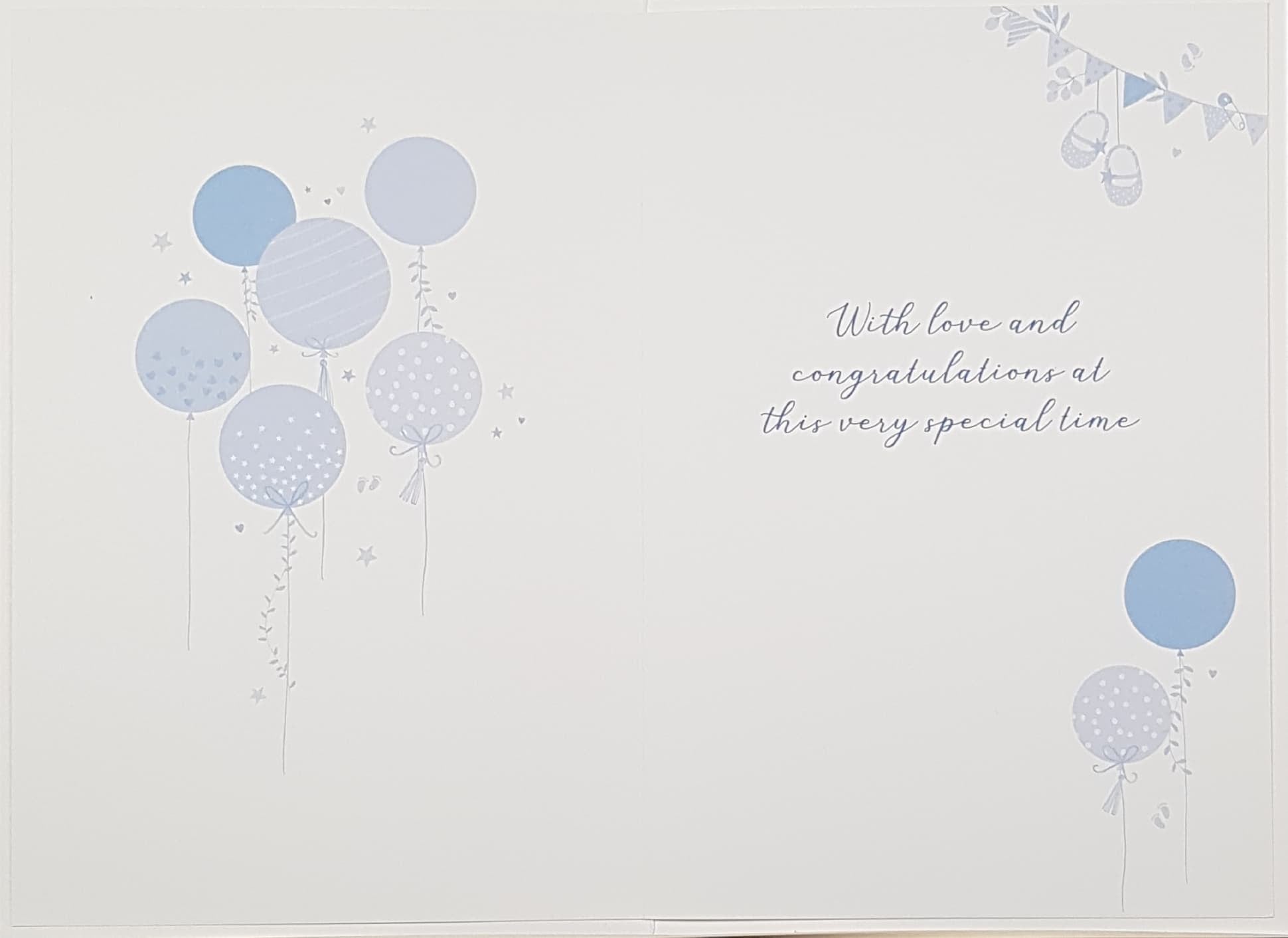 New Baby Card - Boy / Pair Of Blue Shoes Hung On A Garland