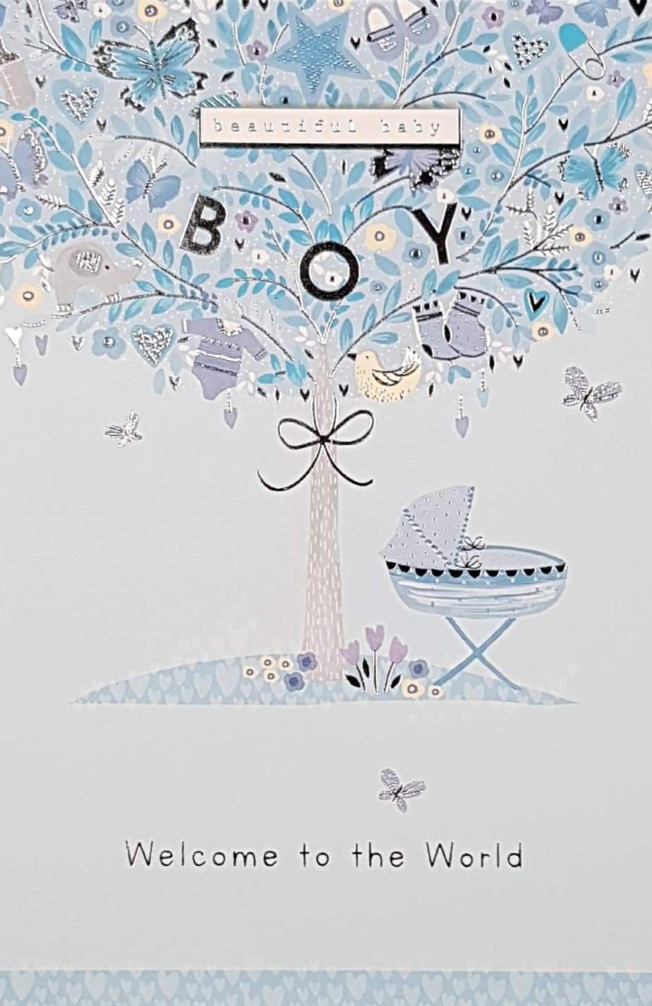 New Baby Card - Boy / Blue Cradle Under The Tree