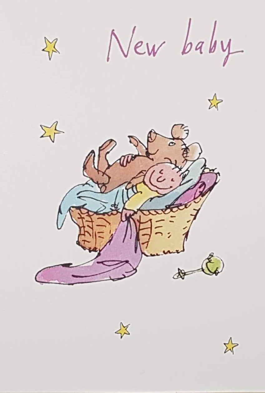 New Baby Card - Little One Sleeping In The Basket & Stars