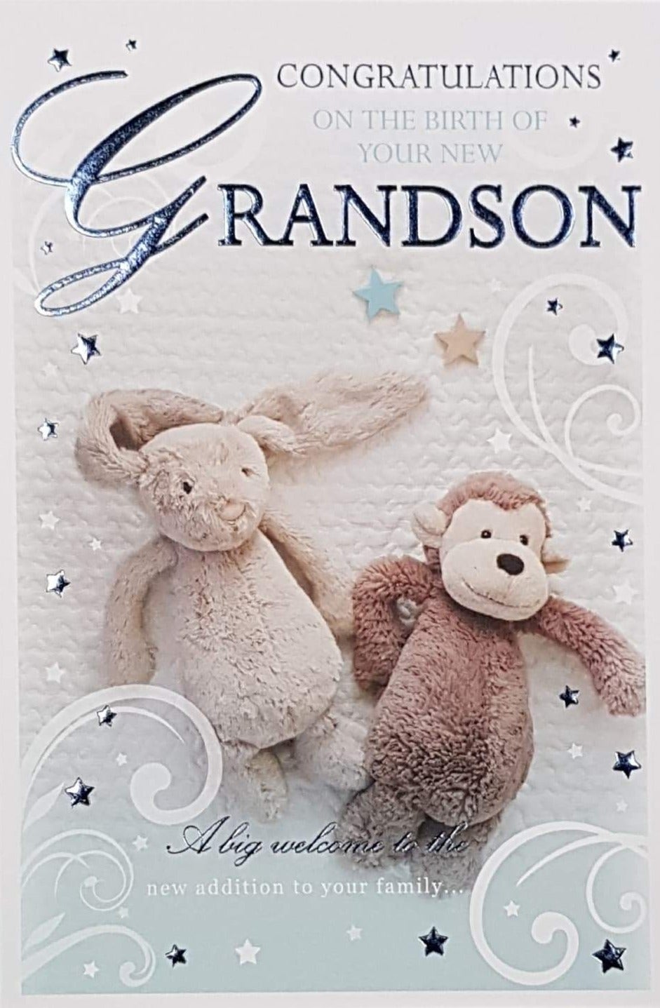 New Baby Card - Boy (Grandson) / Soft Toys Bunny & Monkey Holding Hands