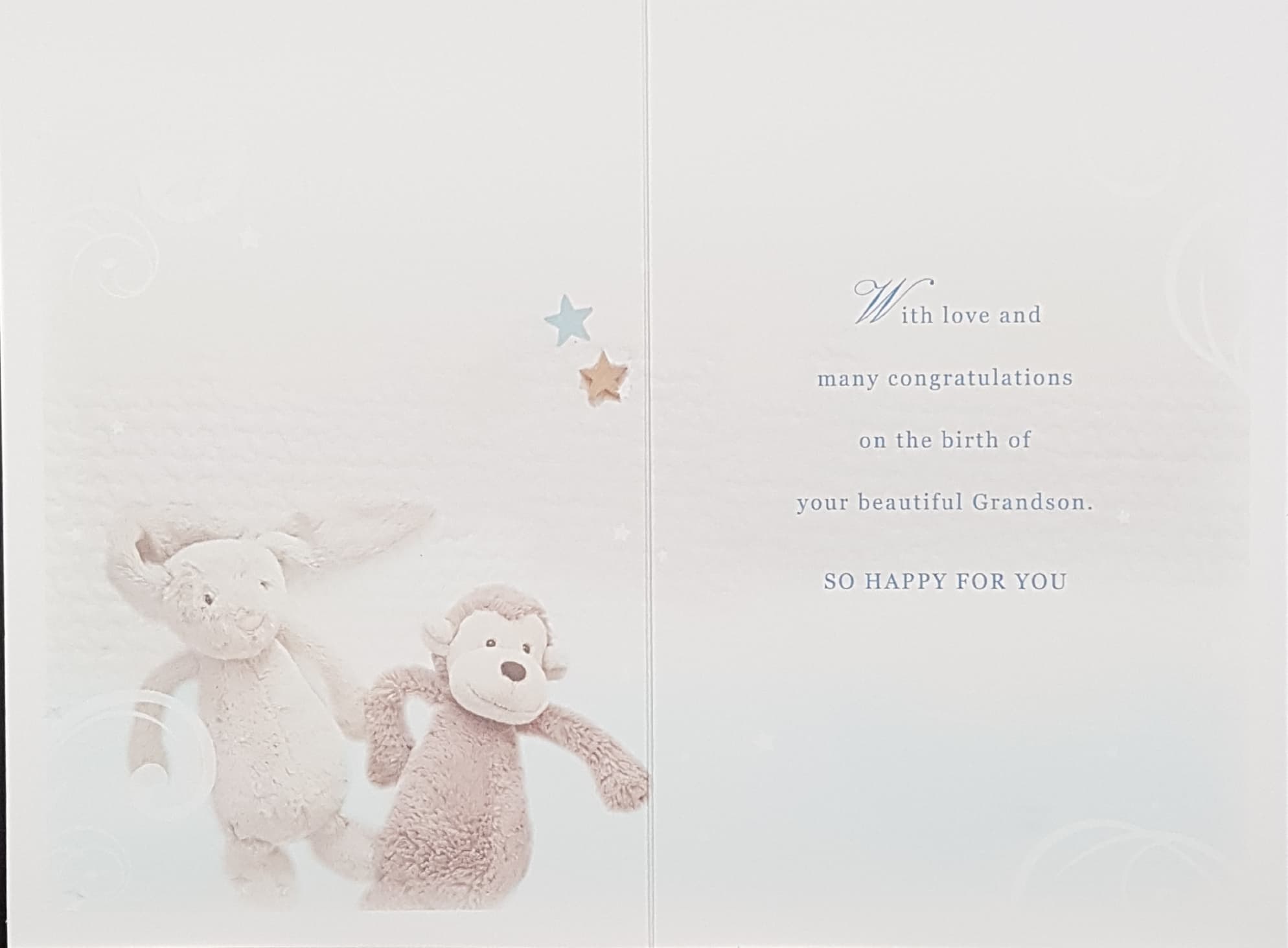 New Baby Card - Boy (Grandson) / Soft Toys Bunny & Monkey Holding Hands