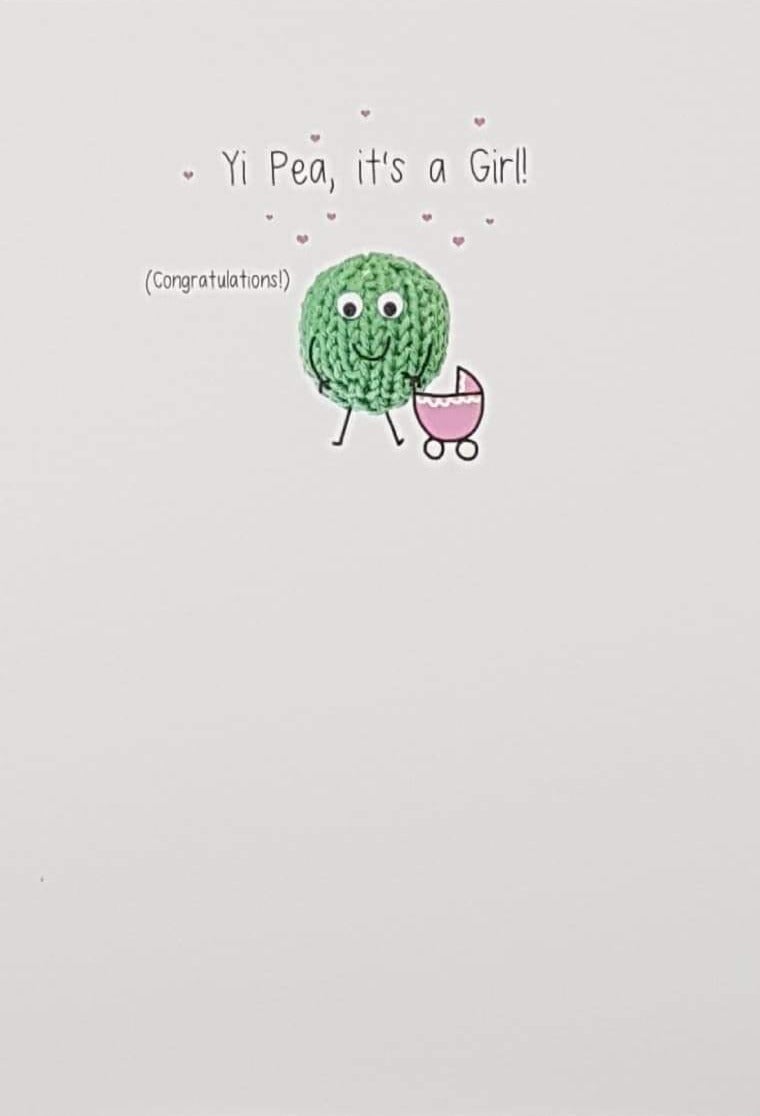New Baby Card - Girl / A Croched Green Pea Holding A Ping Stroller