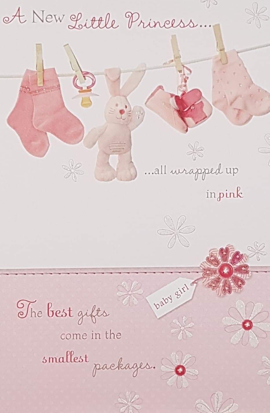 New Baby Card - Girl / A Pink Rabbit And Socks Hanging To Let Them Dry