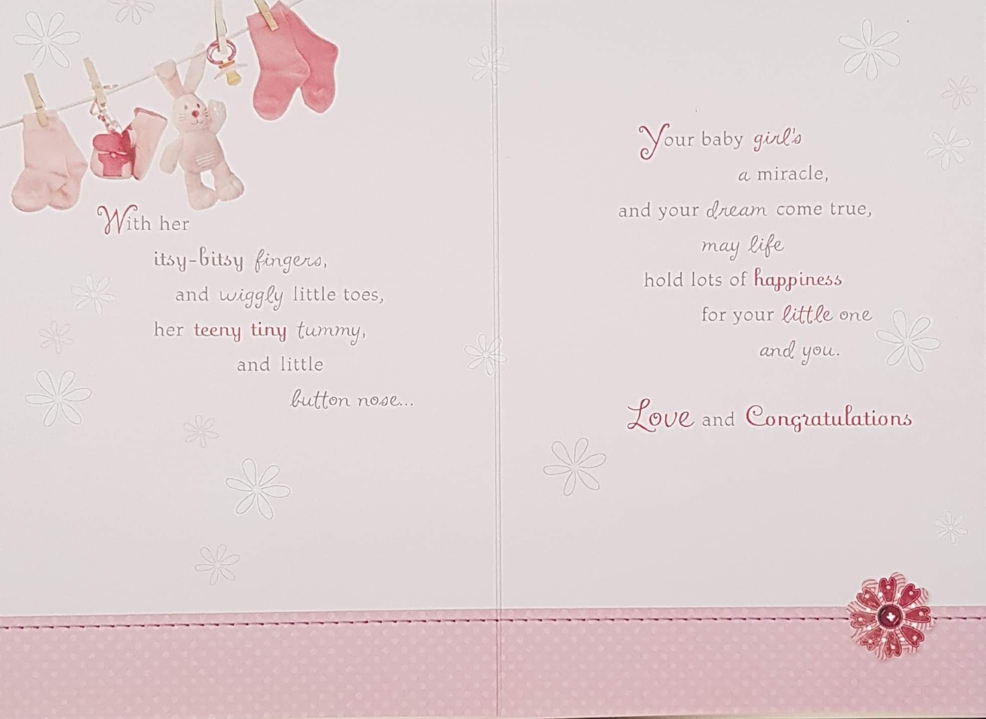 New Baby Card - Girl / A Pink Rabbit And Socks Hanging To Let Them Dry