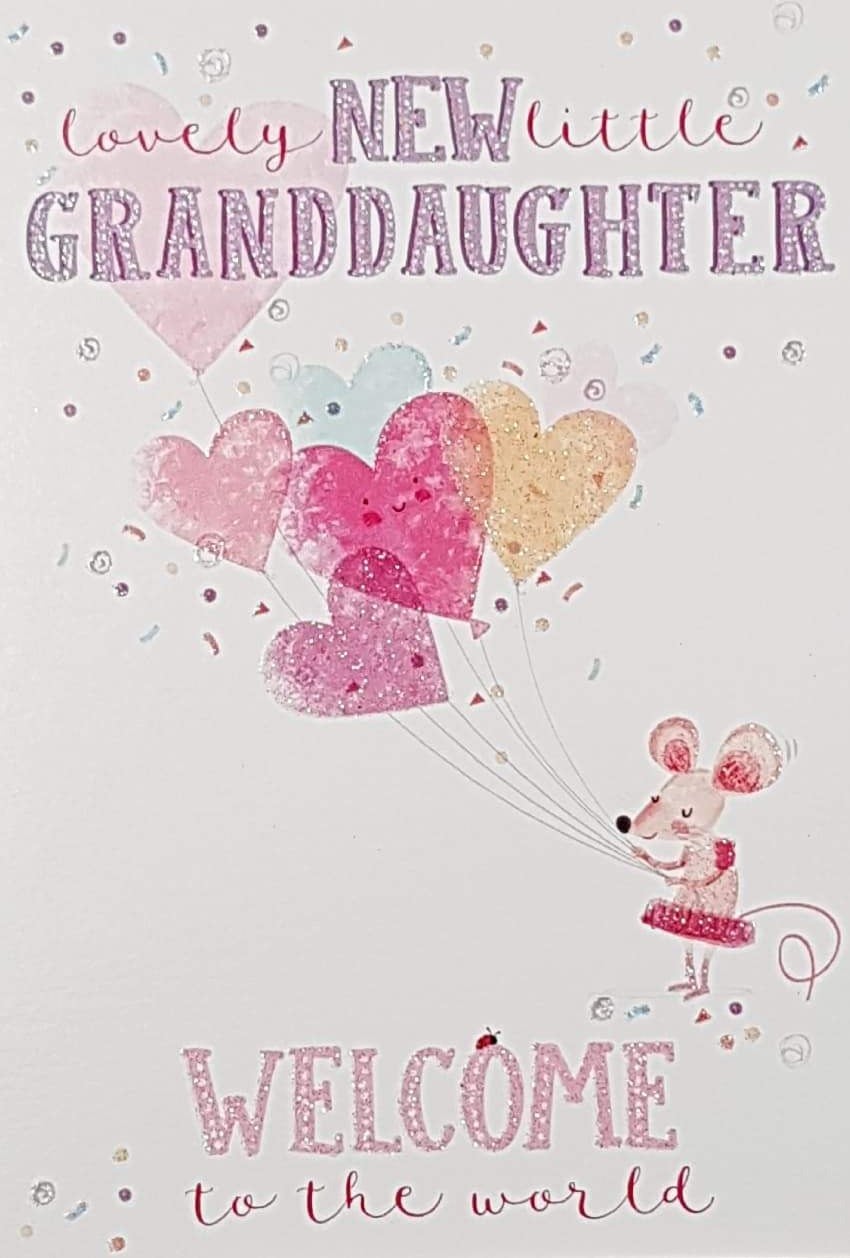 New Baby Card - Granddaughter / A Happy Mouse Holding The Bunch Of Heart - Shape Balloon