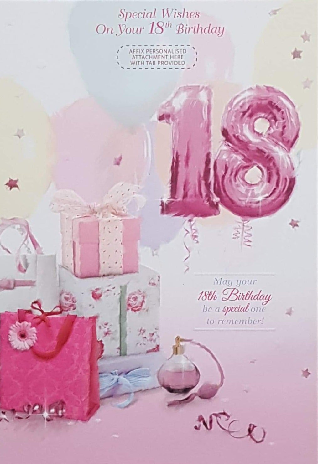 Personalised Card - Age 18 Birthday / Pink Balloons No '18' & Gifts & Bottle Of Perfumes (For Her)