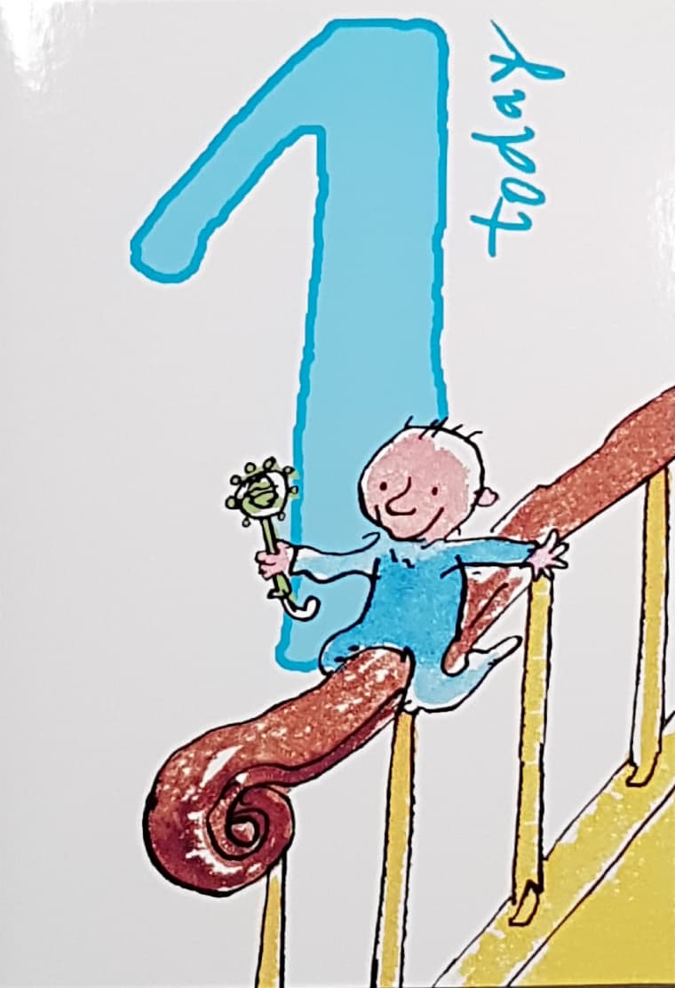Age 1 Birthday Card - A Baby Boy Sliding Down Stair Bannister With A Rattle