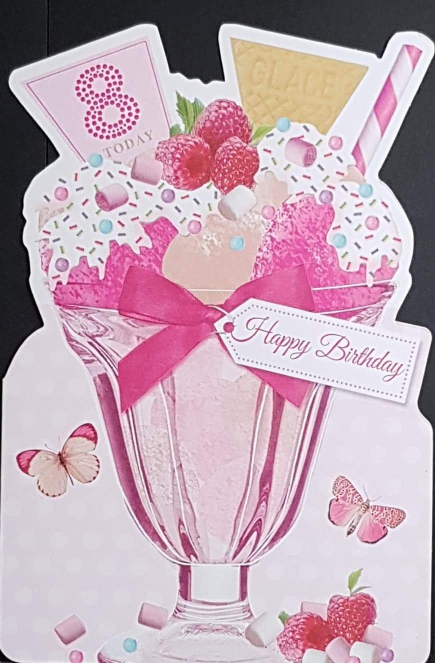 Age 8 Birthday Card - A Pink Desert With Raspberries On The Top & Butterflies