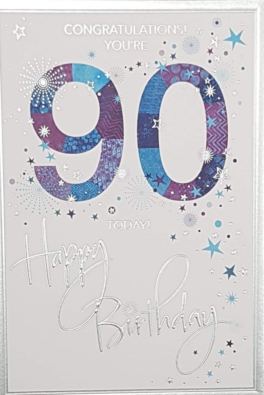 Age 90  Birthday Card - Big Blue Number '90' & Silver Sparkly With A Silver Frame