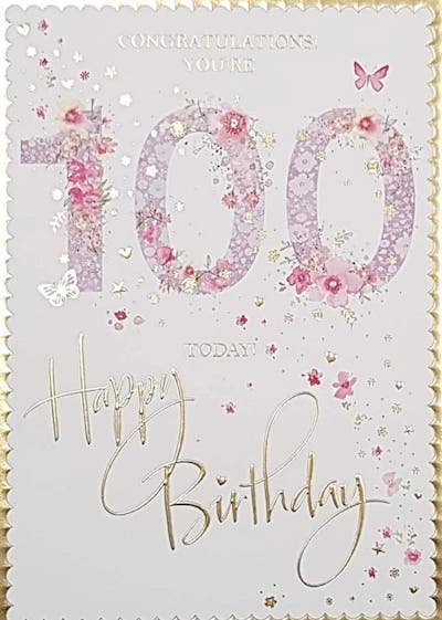 Age 100  Birthday Card - A Floral Decoration On Number '100' Gold Framed