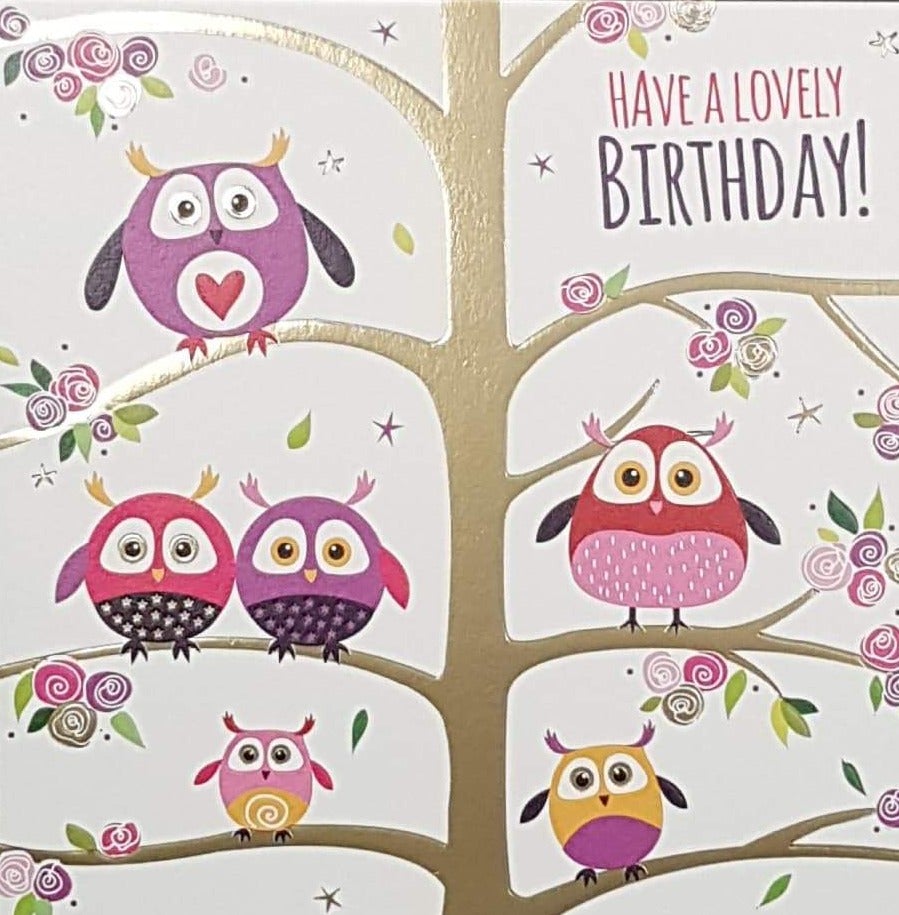Birthday Card - General / Six Owls Sitting On The Tree
