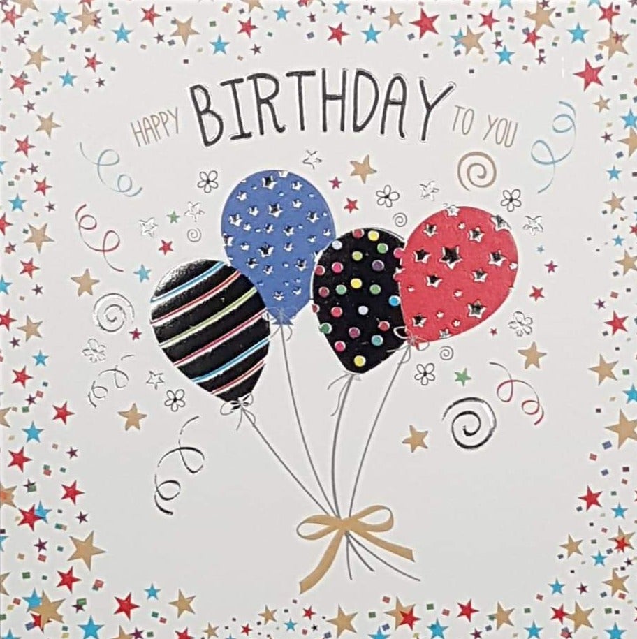 Birthday Card - General / Four Sparkly Balloons Framed By Stars