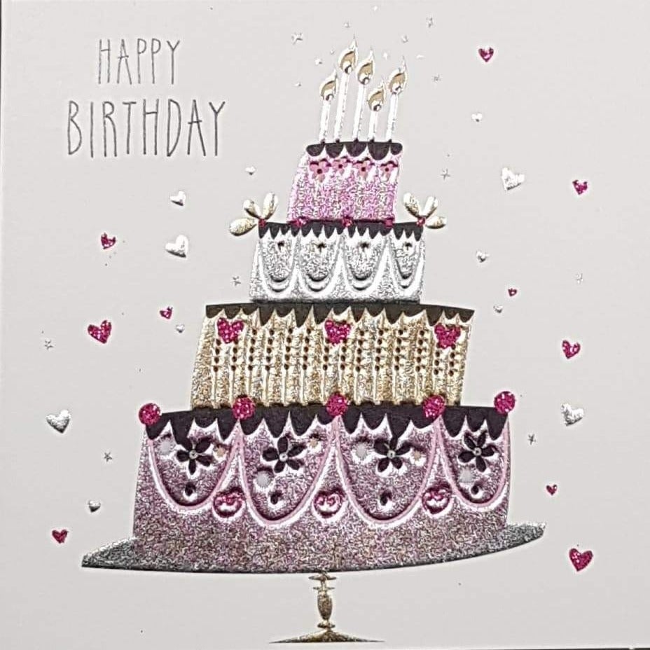 Birthday Card - General / A Birthday Cake & Pink & White Hearts