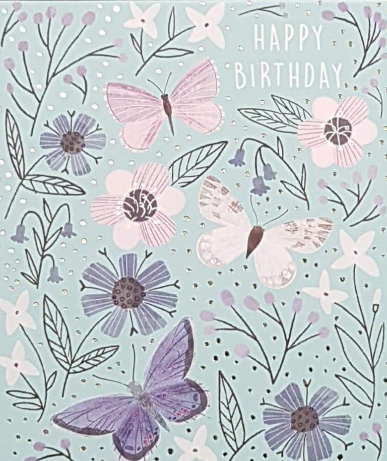 Birthday Card - General / Blue, White, Purple Butterflies Between Flowers