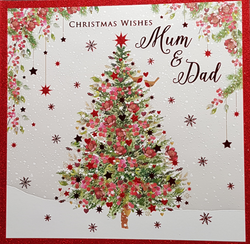 Christmas Card - Mum & Dad/ Decorated Christmas Tree & Sparkly Red Border