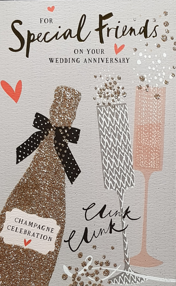 Anniversary Card - Special Friends / A Sparkly Gold Champagne Bottle With A Black Bow