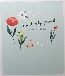 Birthday Card - Friend / Lovely Flowers On A Light Blue Front