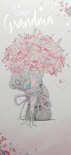 Birthday Card - Grandma / Teddy Bear Holding A Giant Pink Bouquet