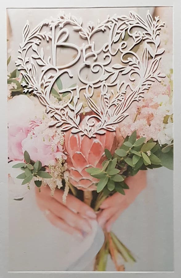 Wedding Card - Bride's Hands Holding A Bouquet & A White Heart