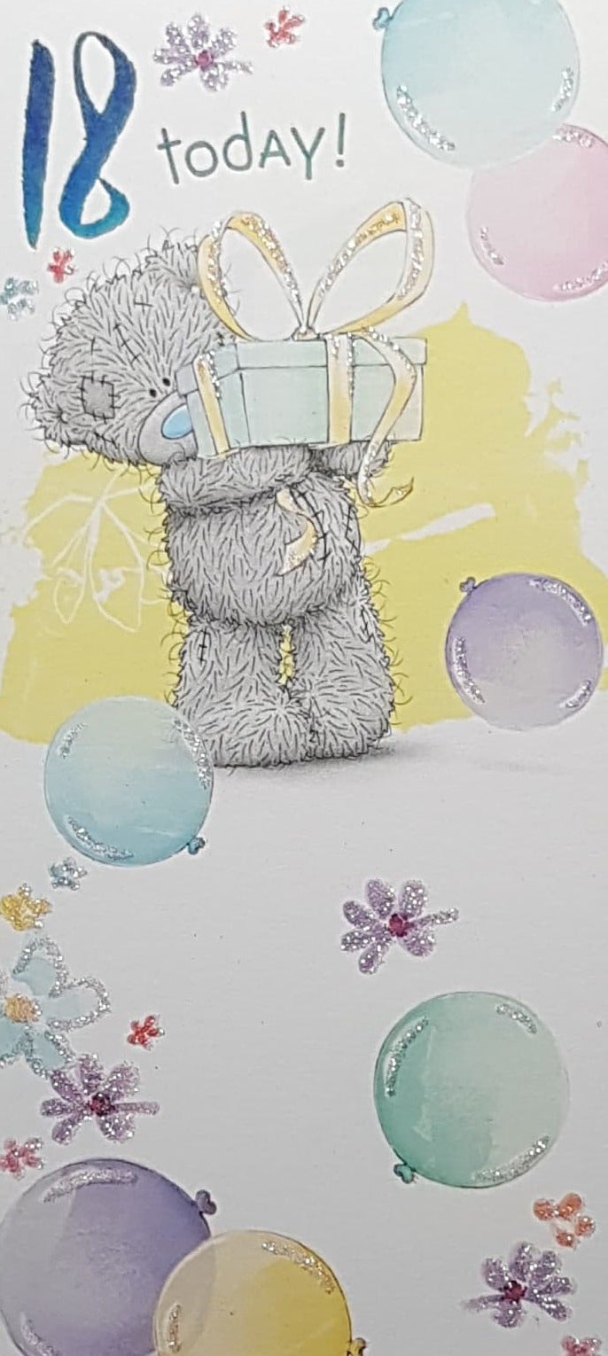 Age 18 Birthday Card - Teddy Carrying A Turquoise Gift With A Yellow Bow