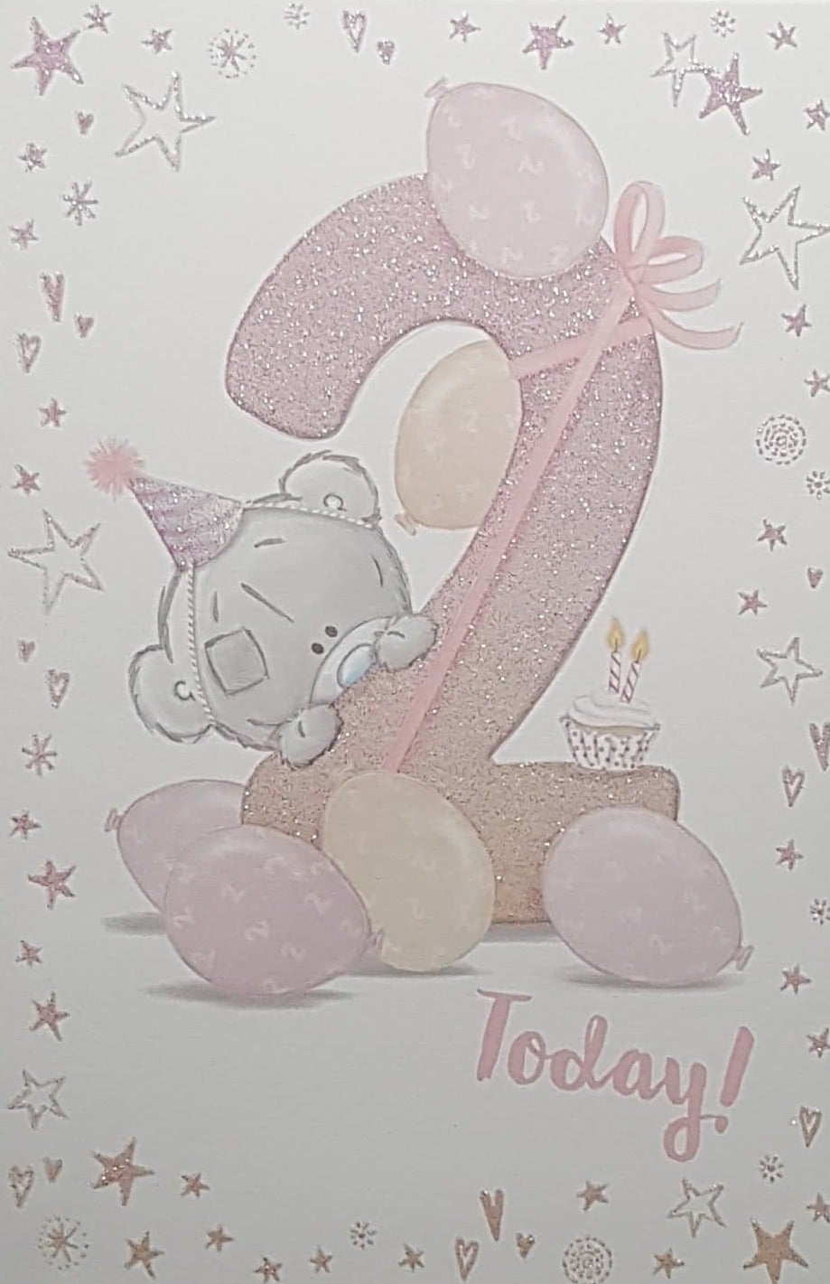 Age 2 Birthday Card - Cute Teddy Hiding Behind No. 2 & Pink Balloons
