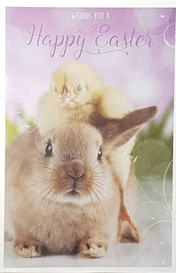 Easter Card - Traditional / A Brown Bunny & A Baby Chick On A Purple Front
