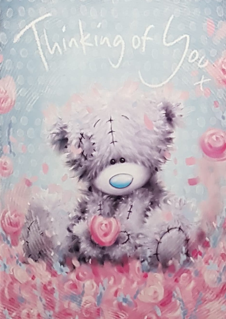 Thinking Of You Card - A Big Teddy & A Pink Flower Motive