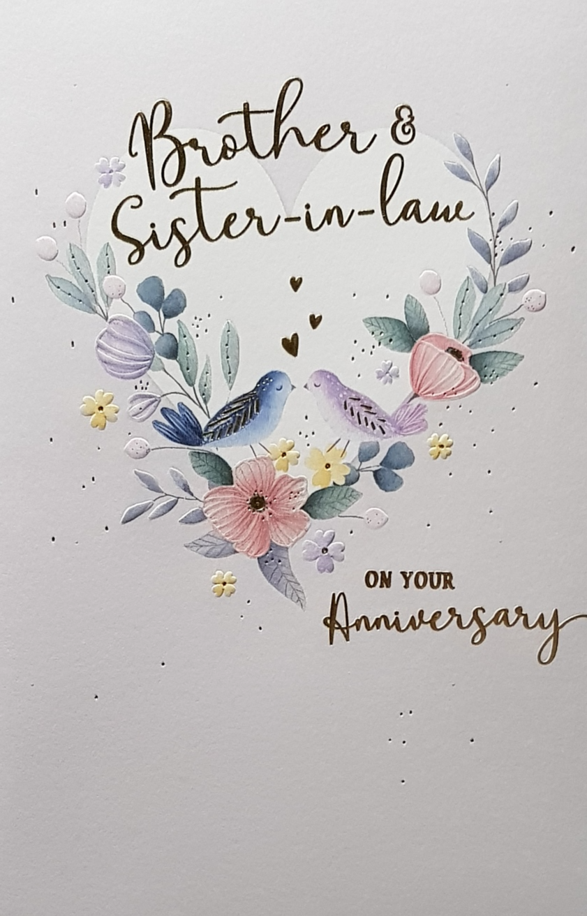 Anniversary Card - Brother & Sister-In-Law - A Pink & Purple Floral Heart & Love Birds