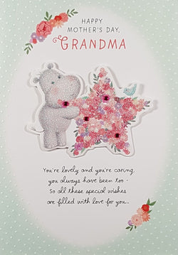 Grandma Mothers Day Card - Baby Hippo with Pink Floral Star