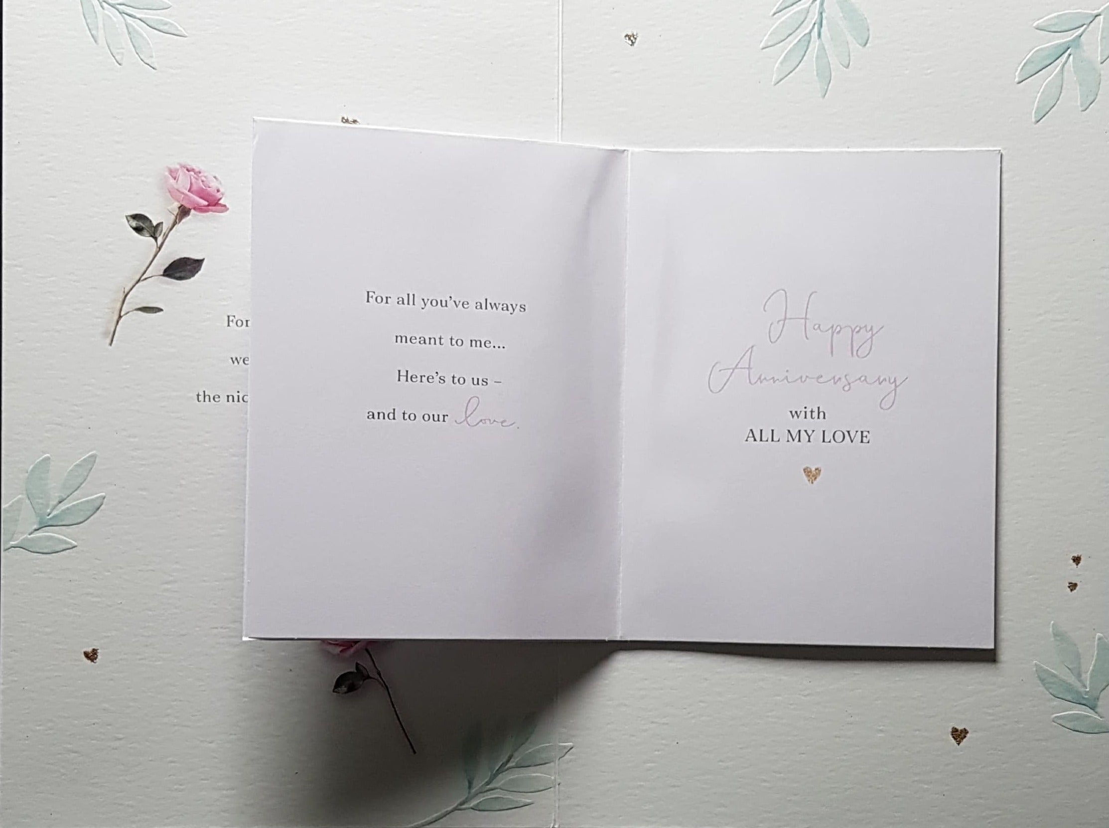 Anniversary Card - Wife / Beautiful Pink Roses & Glitter Gold Hearts