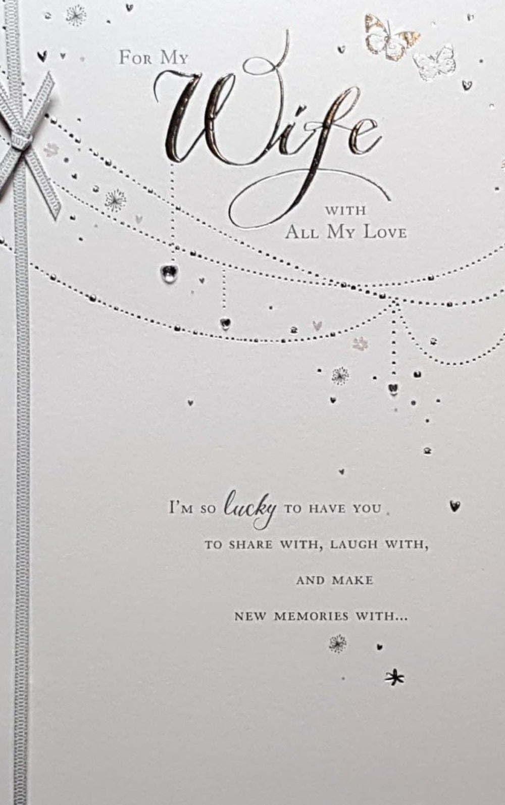 Birthday Card - Wife / Heart-Shaped Jewels Hanging From Strings & Butterflies