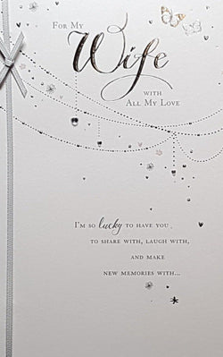 Birthday Card - Wife / Heart-Shaped Jewels Hanging From Strings & Butterflies