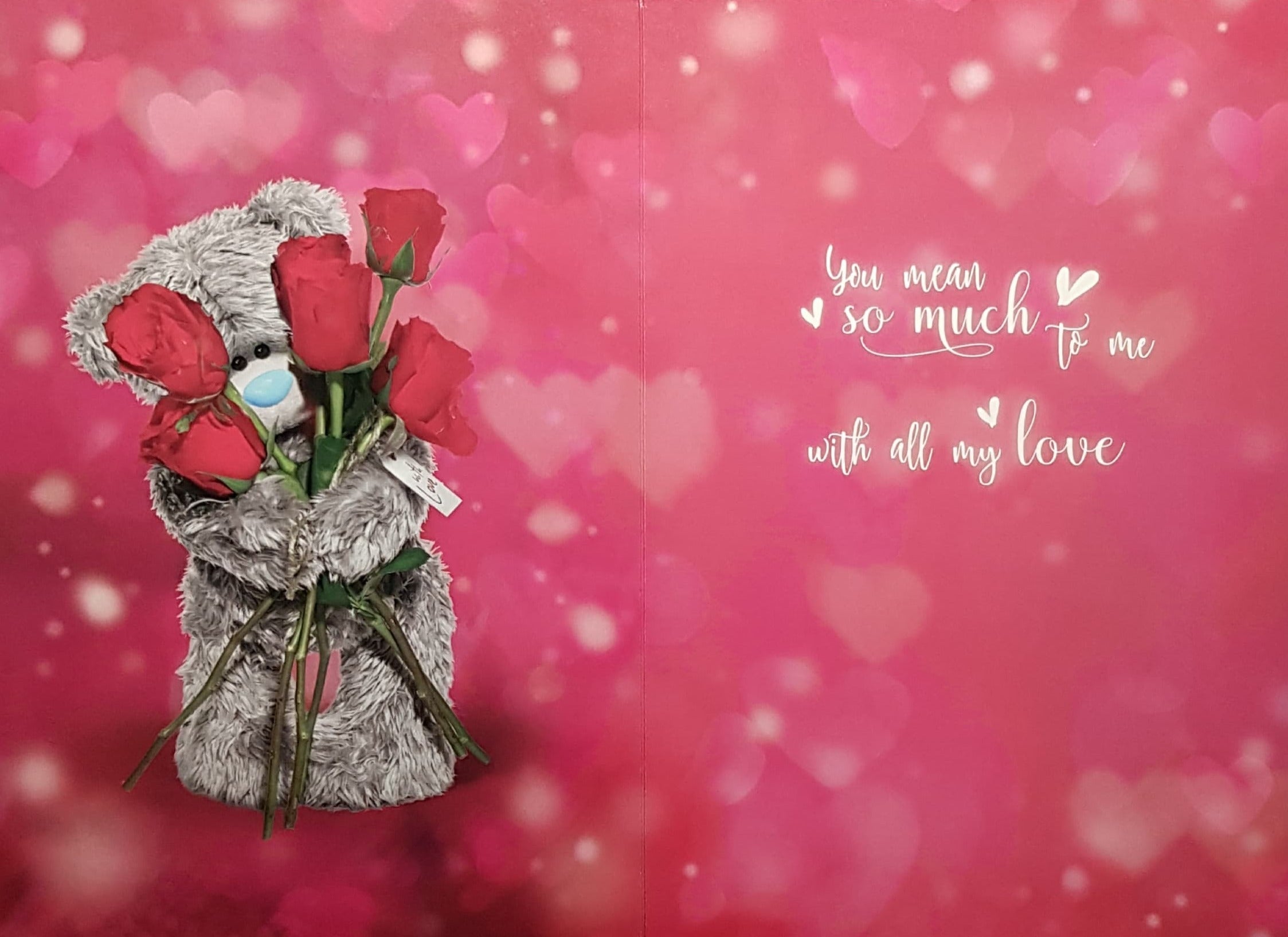 Birthday Card - Love of My Life / Fluffy Teddy Bear Holding Roses (3D Card)