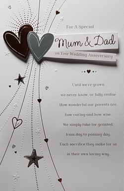 Anniversary Card - Mum & Dad / Silver Hearts & Stars With A Verse