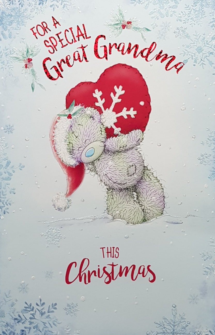 Christmas Card - Great Grandma / Teddy Holding A Red Heart With A White Snowflake
