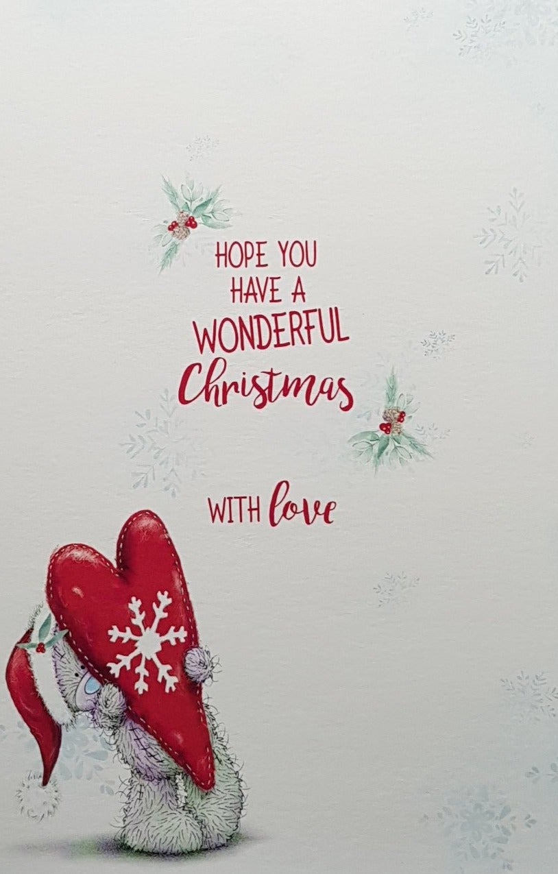 Christmas Card - Great Grandma / Teddy Holding A Red Heart With A White Snowflake