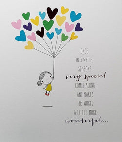 Birthday Card - General Female / Girl In Yellow Dress Holding A Colorful Bunch Of Hearts