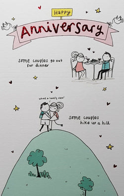 Anniversary Card - Funny / Pink Banner & Cartoon Couple On A Hill