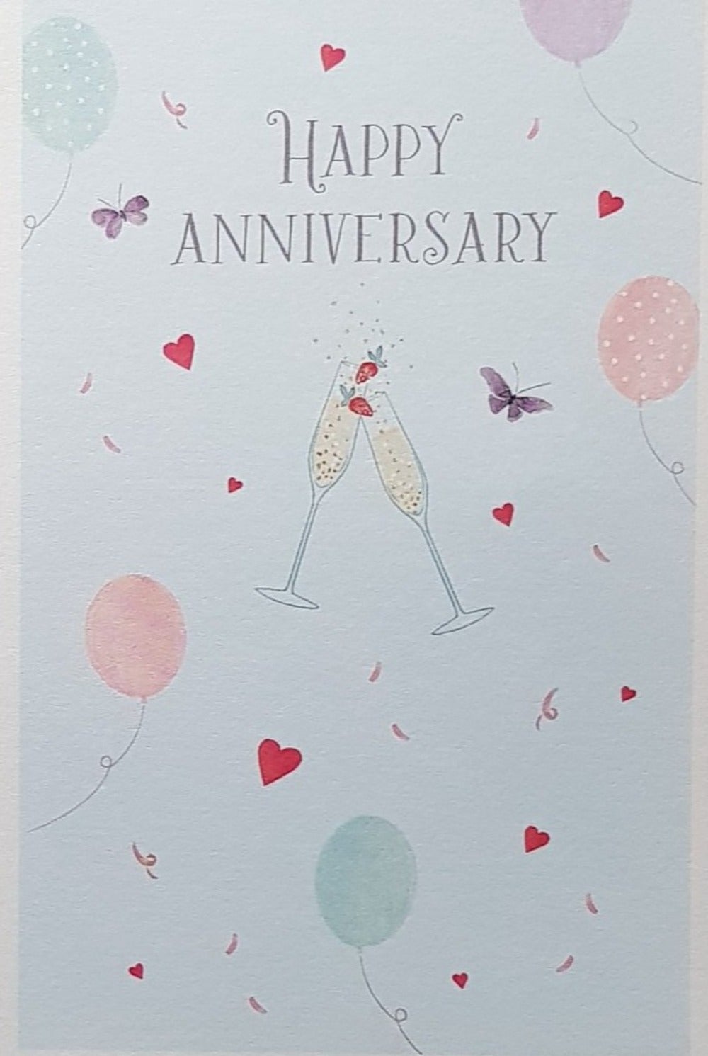 Anniversary Card - 'Happy Anniversary' & Purple Butterflies, Balloons, Hearts