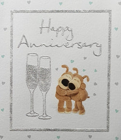 Anniversary Card - Cute Dogies Hugging In A Framed Glitter Square