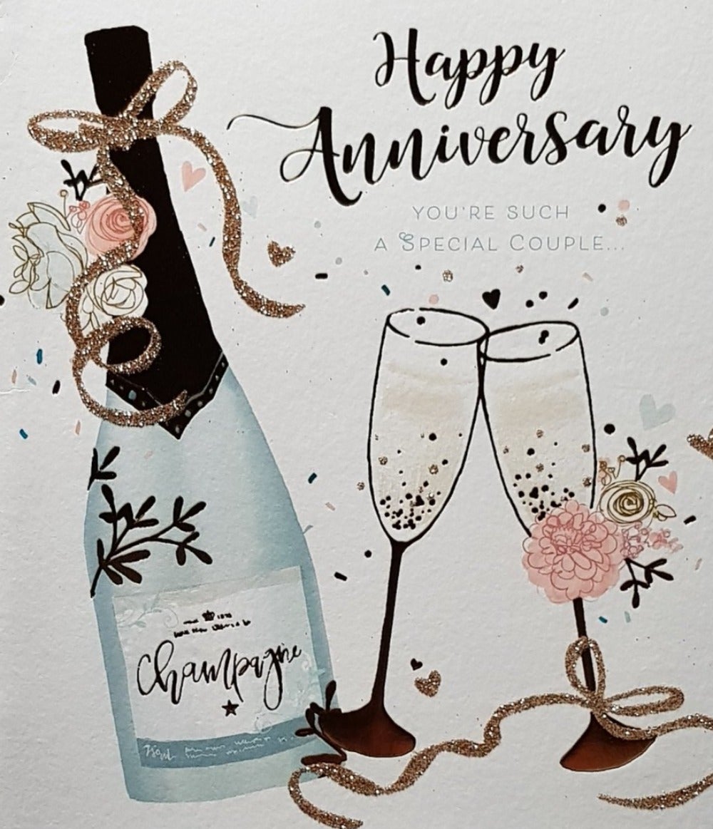 Anniversary Card - A Bottle Of Champagne & Two Glasses Sparkling Hearts & Gold Glitter Bow