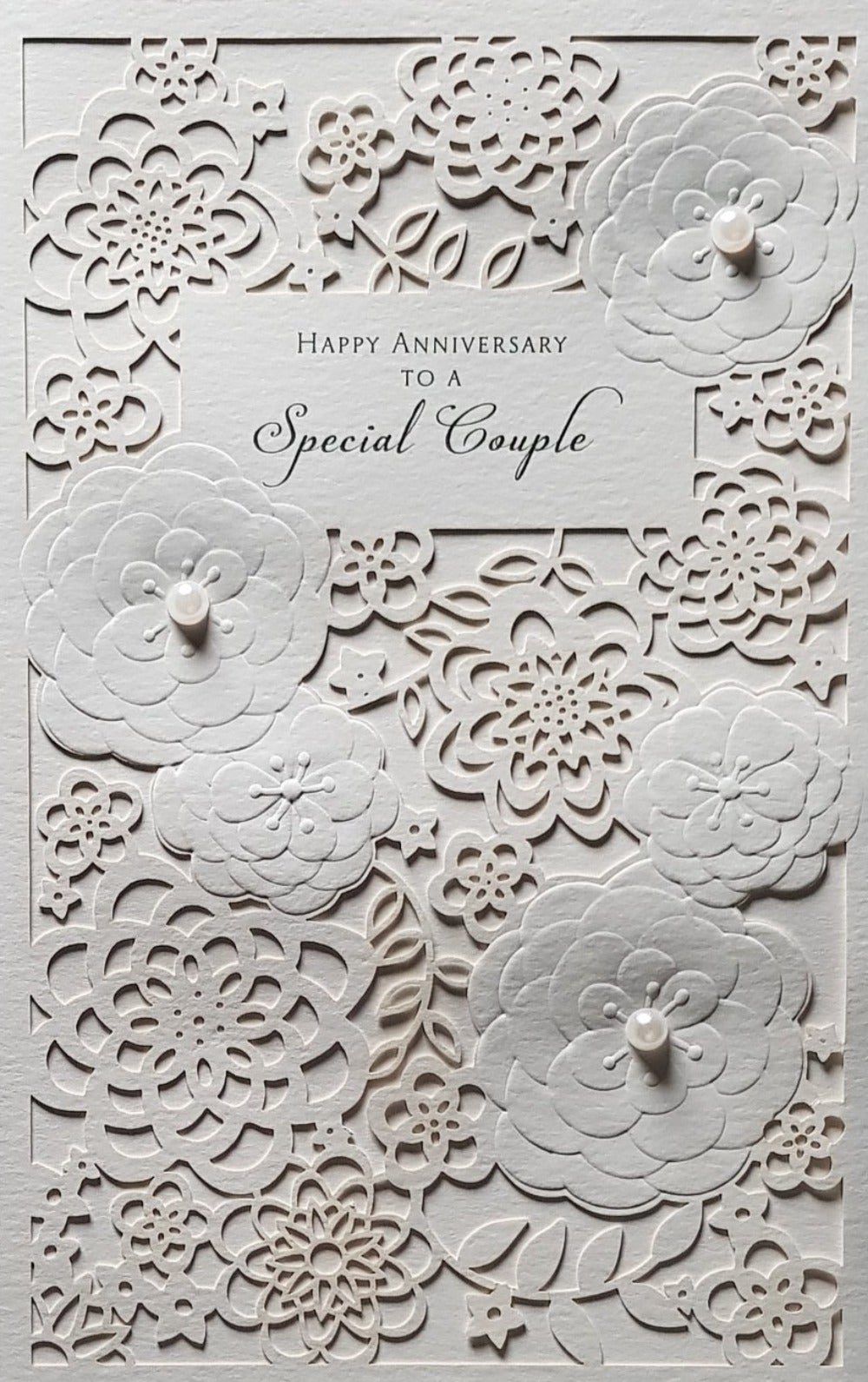 Anniversary Card - White Flowers & White Beads
