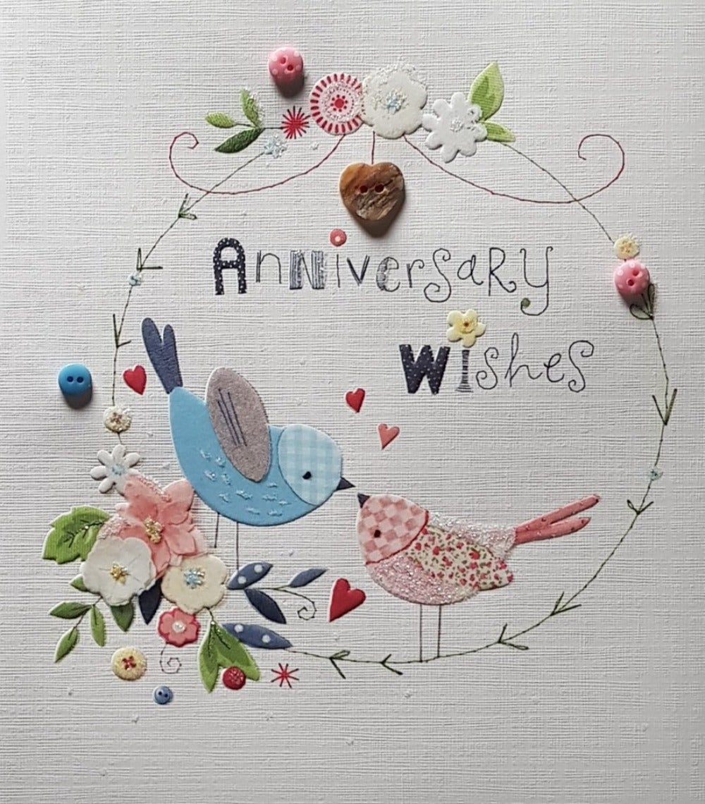 Anniversary Card - Two Lovely Birds Sitting On A Circle Shaped Branch & Buttons